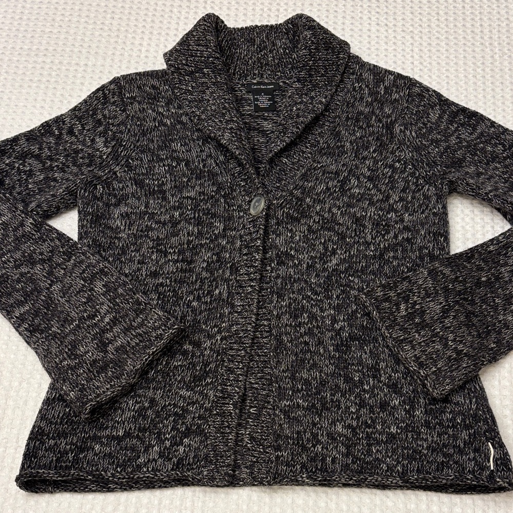 Calvin Klein Jeans Medium Marled Black Gray Shawl Collar Open Front Cardigan